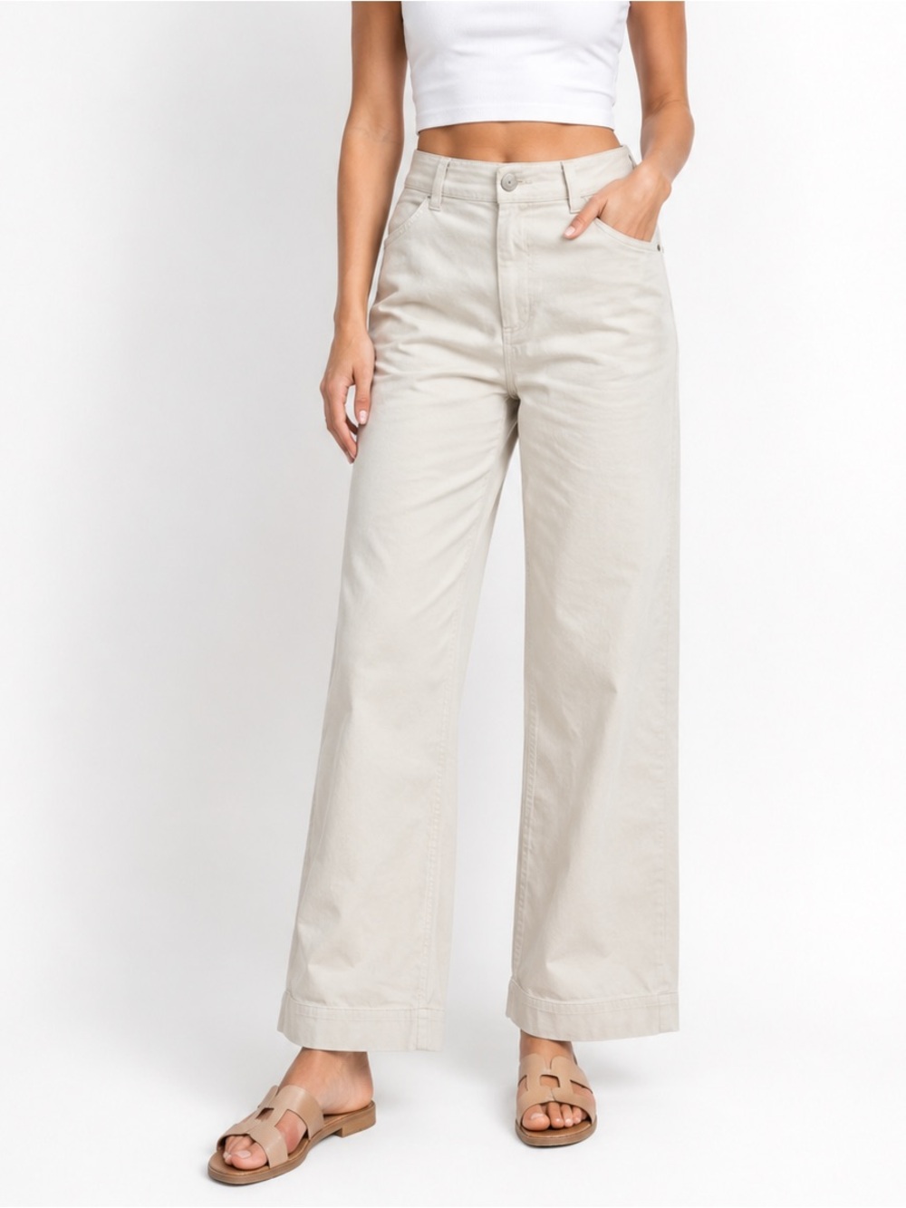 Everlane Womens High Rise  Wide-Leg Pants Ivory Size 2 Cotton Blend